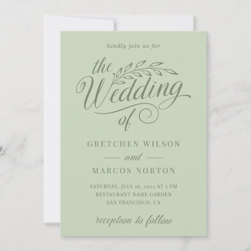 Sage Green Greenery  Elegant Calligraphy Wedding  Invitation