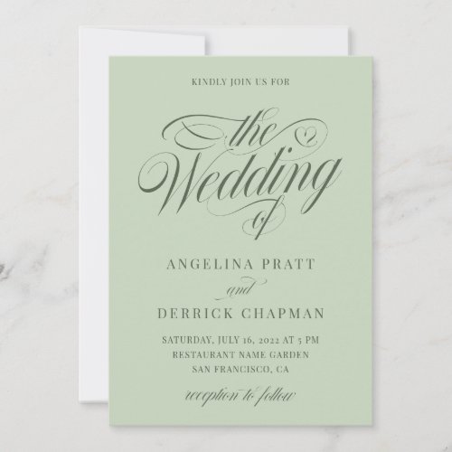 Sage Green Greenery  Elegant Calligraphy Wedding   Invitation