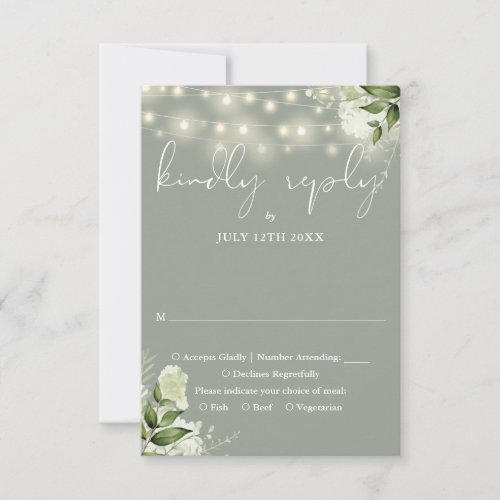 Sage Green Greenery Floral String Lights Wedding RSVP Card
