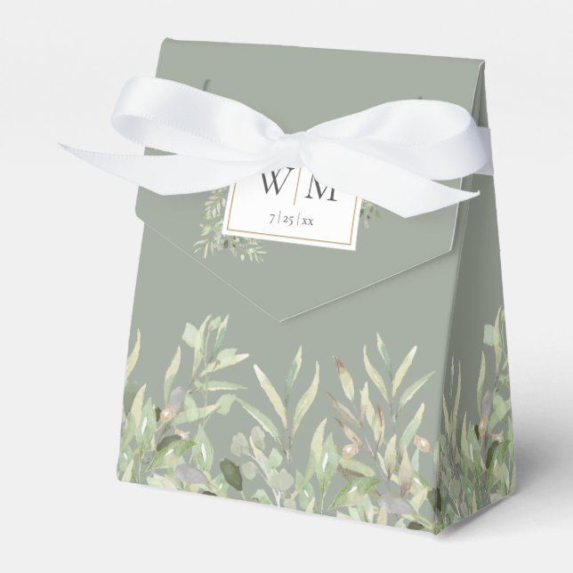 Sage Green Greenery Foliage Monogram Wedding Favor Boxes (Front Side)