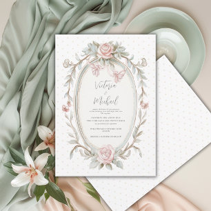 Sage Green Greenery Frame Vintage Wedding Invitation