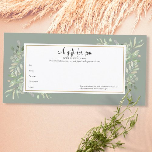 Sage Green Greenery Gold Business Gift Certificate