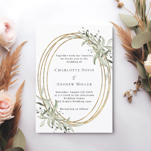 Sage green greenery gold frame wedding invitation