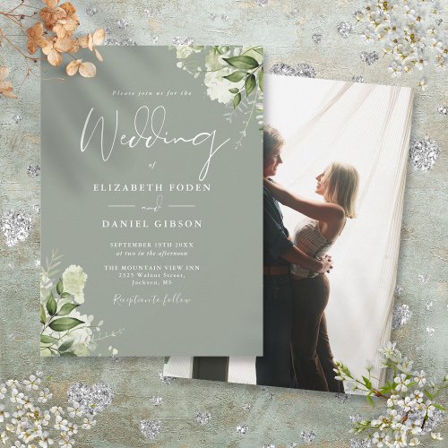 Sage Green Greenery Leaves Elegant Photo Wedding Invitation
