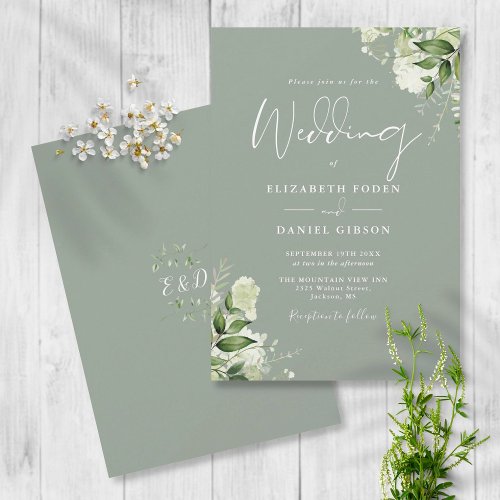 Sage Green Greenery Leaves Monogram Wedding Invitation