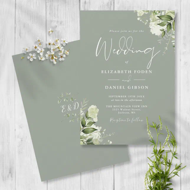 Sage Green Greenery Leaves Monogram Wedding Invitation | Zazzle