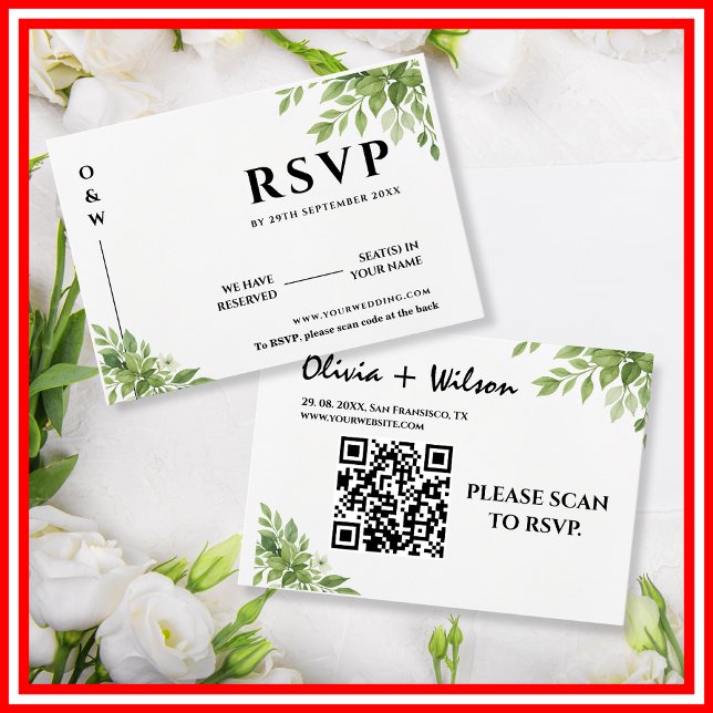 Sage Green Greenery Leaves QR Code Wedding RSVP Card (Creator Uploaded)