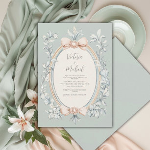 Sage Green Greenery Peach Frame Vintage Wedding Invitation