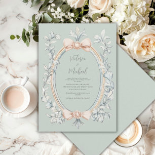 Sage Green Greenery Peach Frame Vintage Wedding Invitation