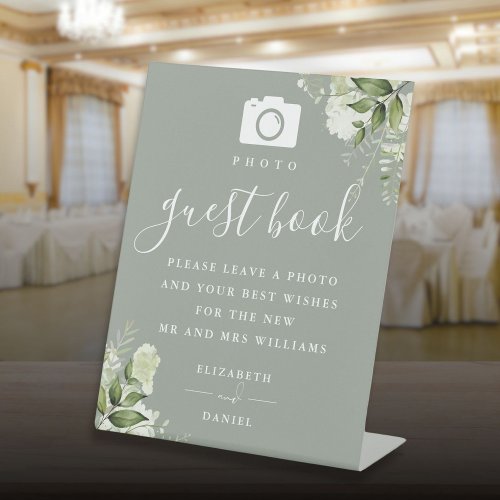 Sage Green Greenery Photo Guest Book Wedding Pedestal Sign