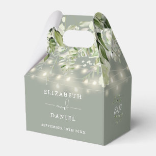 Sage Green Greenery String Lights Monogram Wedding Favor Boxes