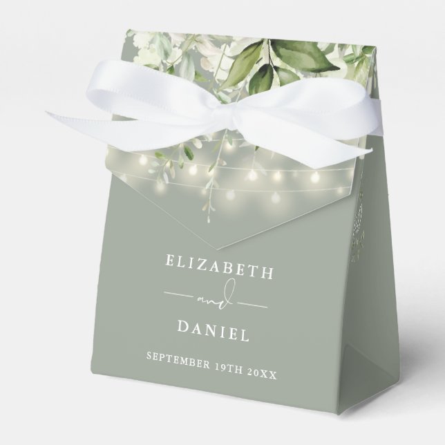 Sage Green Greenery String Lights Wedding Favor Boxes (Front Side)