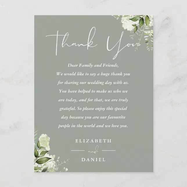 Sage Green Greenery Thank You Wedding Place Card | Zazzle