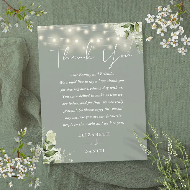 Sage Green Greenery Thank You Wedding Place Card | Zazzle