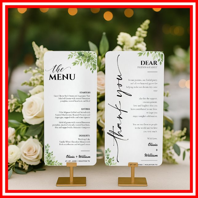 Sage Green Greenery Wedding Menu Thank you Card (Creator Uploaded)