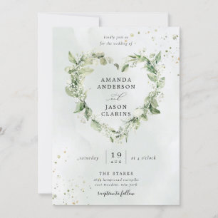 Sage Green Greenery White Floral Wreath Wedding Invitation