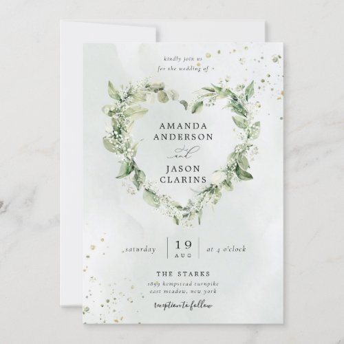 Sage Green Greenery White Floral Wreath Wedding Invitation
