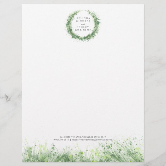 Sage green greenery wreath modern watercolor letterhead (Front)