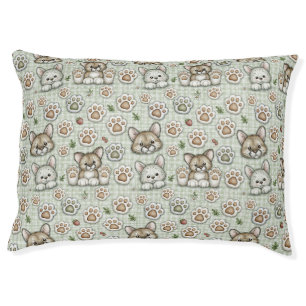 Sage Green Grey Brown Gingham Kitten Paw Pet Bed
