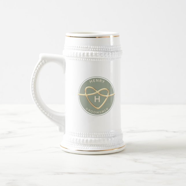 Sage Green Groomsmen Beer Stein with Gold Heart (Left)