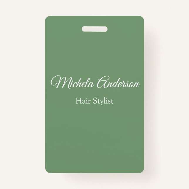 Sage green hair stylist add name contact website badge (Front)