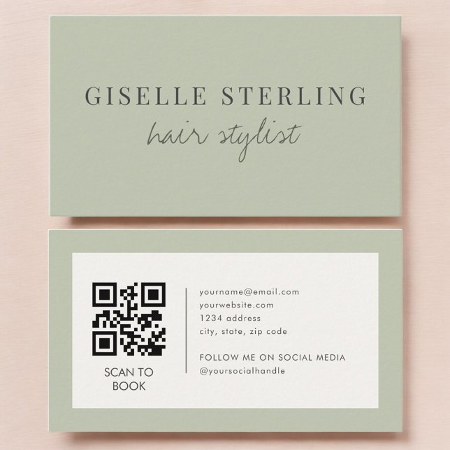 Sage Green Hair Stylist QR Code Business Card (Creator Uploaded)