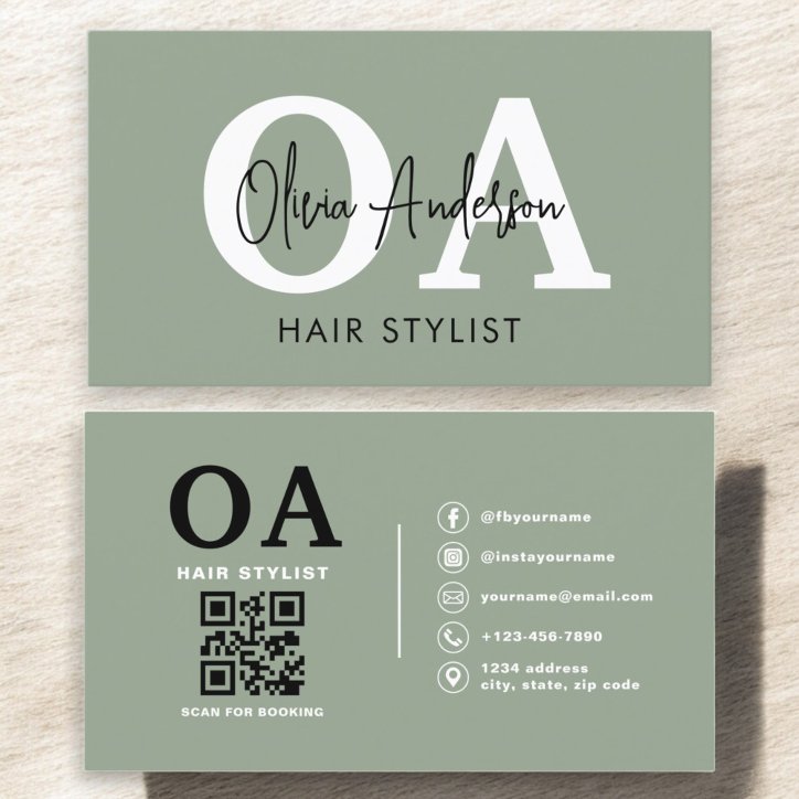 Sage Green Hair Stylist QR Code Monogram Business Card