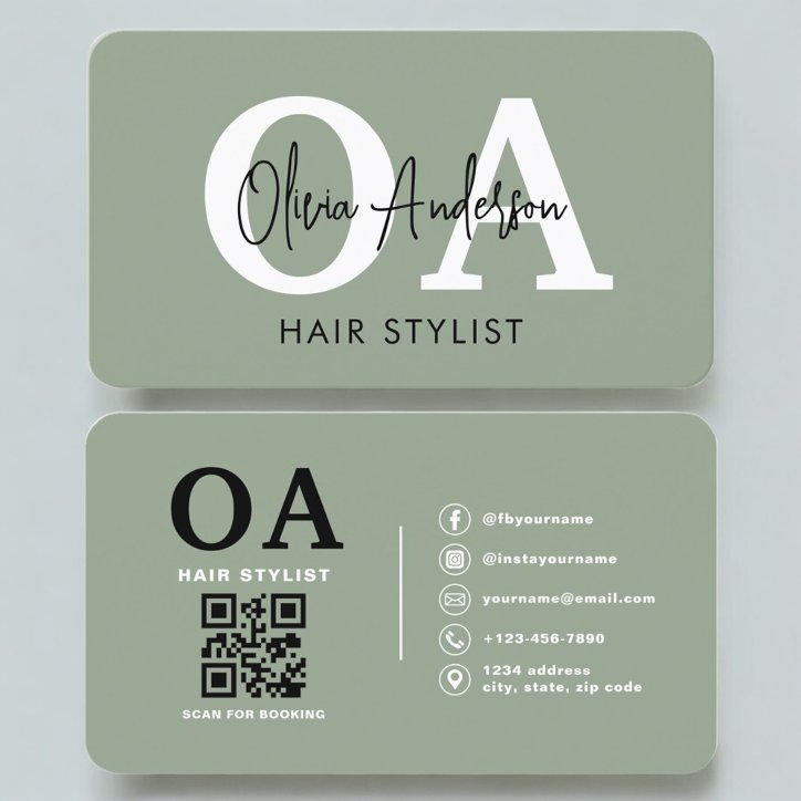 Sage Green Hairstylist Monogram QR Code Business Card
