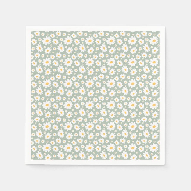 Sage Green Hand Drawn Daisy Pattern Napkins (Front)