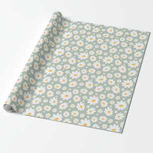 Sage Green Hand Drawn Daisy Pattern Wrapping Paper
