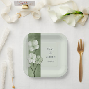 Sage Green Hand Drawn Floral Botanical Wedding Paper Plates