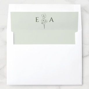 Sage Green Hand Drawn Floral Monogram Wedding Envelope Liner
