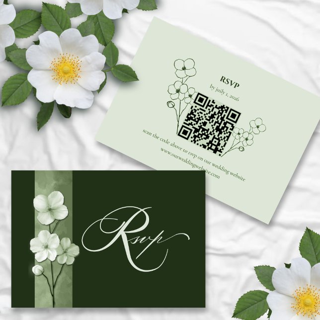Sage Green Hand Drawn Floral QR Code RSVP Card (Creator Uploaded)