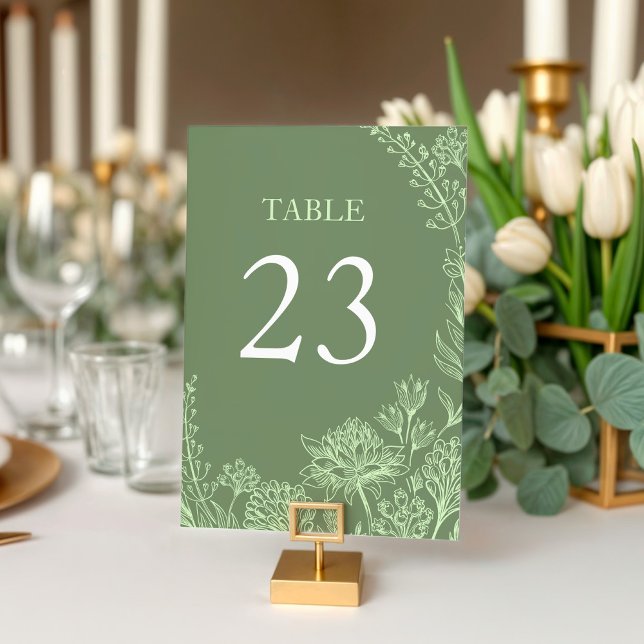 Sage Green Hand Drawn Floral Wedding  Table Number (Sage Green Invitation with hand drawn florals table number)
