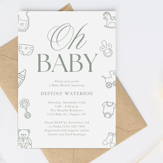 Sage Green Hand Drawn Gender Neutral Baby Shower Invitation (Creator Uploaded)