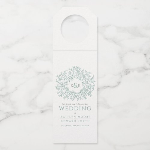 Sage green hand drawn leaf monogram art wedding wi bottle hanger tag