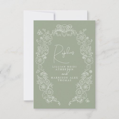 Sage green hand drawn leaf monogram RSVP wedding