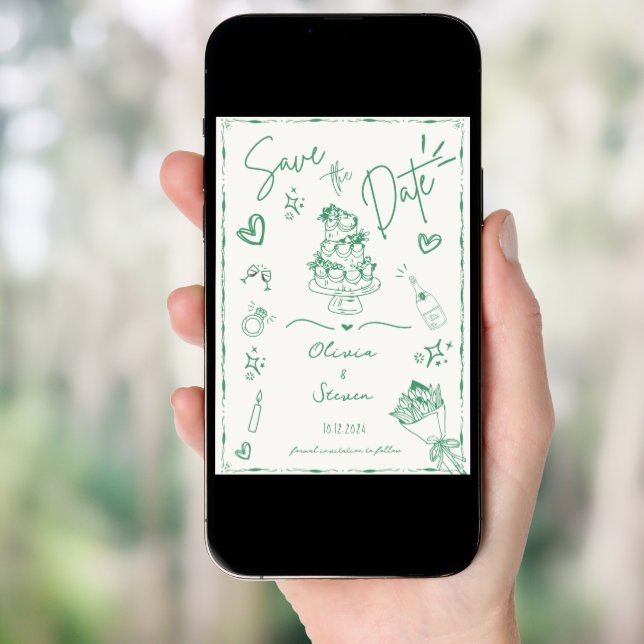 Sage Green Hand Drawn Scribble Fun Save the Date Invitation (Front Digital)