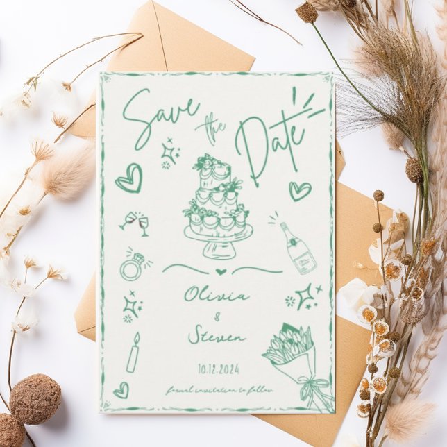 Sage Green Hand Drawn Scribble Fun Save the Date Invitation (Creator Uploaded)
