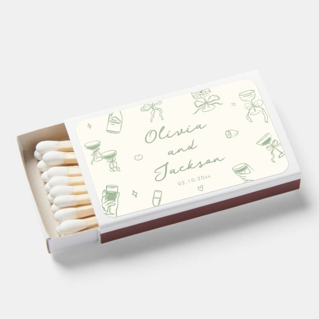 Sage Green Hand Drawn Wedding Matchboxes (Front Open)