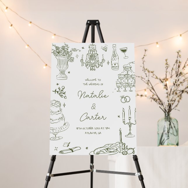Sage Green Hand Drawn Whimsical Wedding Foam Board (In Situ (Stand))