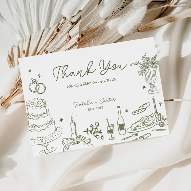Sage Green Hand Drawn Whimsical Wedding Thank You Enclosure Card (Creator Uploaded)
