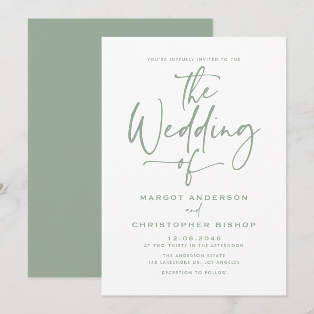 Sage Green Hand Lettered Calligraphy Wedding Invitation (Front/Back)