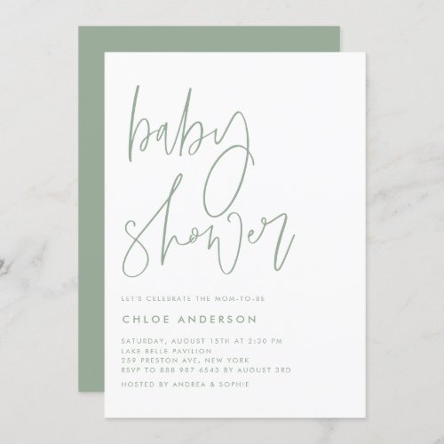 Sage Green Handwritten Script Baby Shower Invitation