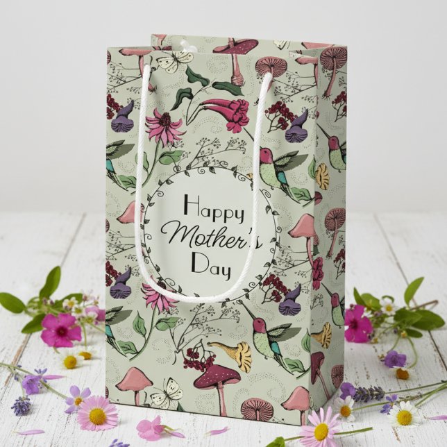 Sage Green Happy Mother’s Day Hummingbird Small Gift Bag (Pretty Botanical Happy Mother's Day Gift Bags in Sage Green. Floral Hummingbird Wildflowers Pattern)