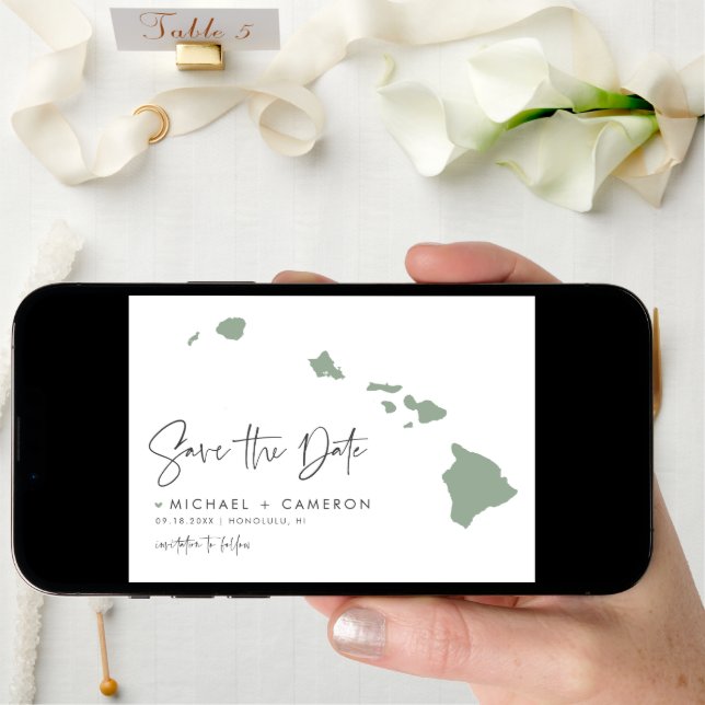 Sage Green Hawaii Map Modern Minimalist Script Save The Date (Front Digital)