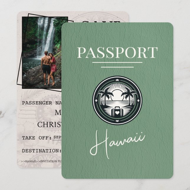 Sage Green Hawaii Passport Save The Date (Front/Back)
