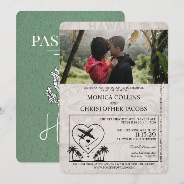 Sage Green Hawaii Passport Wedding Invitation (Front/Back)