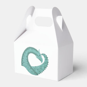 Sage green heart dragon on white favor boxes