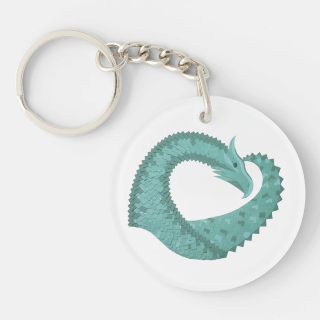 Sage green heart dragon on white keychain (Front)